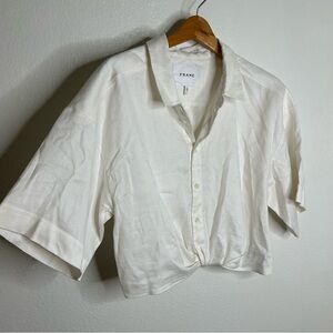 Frame Denim cream linen blend cropped wide sleeve blouse top